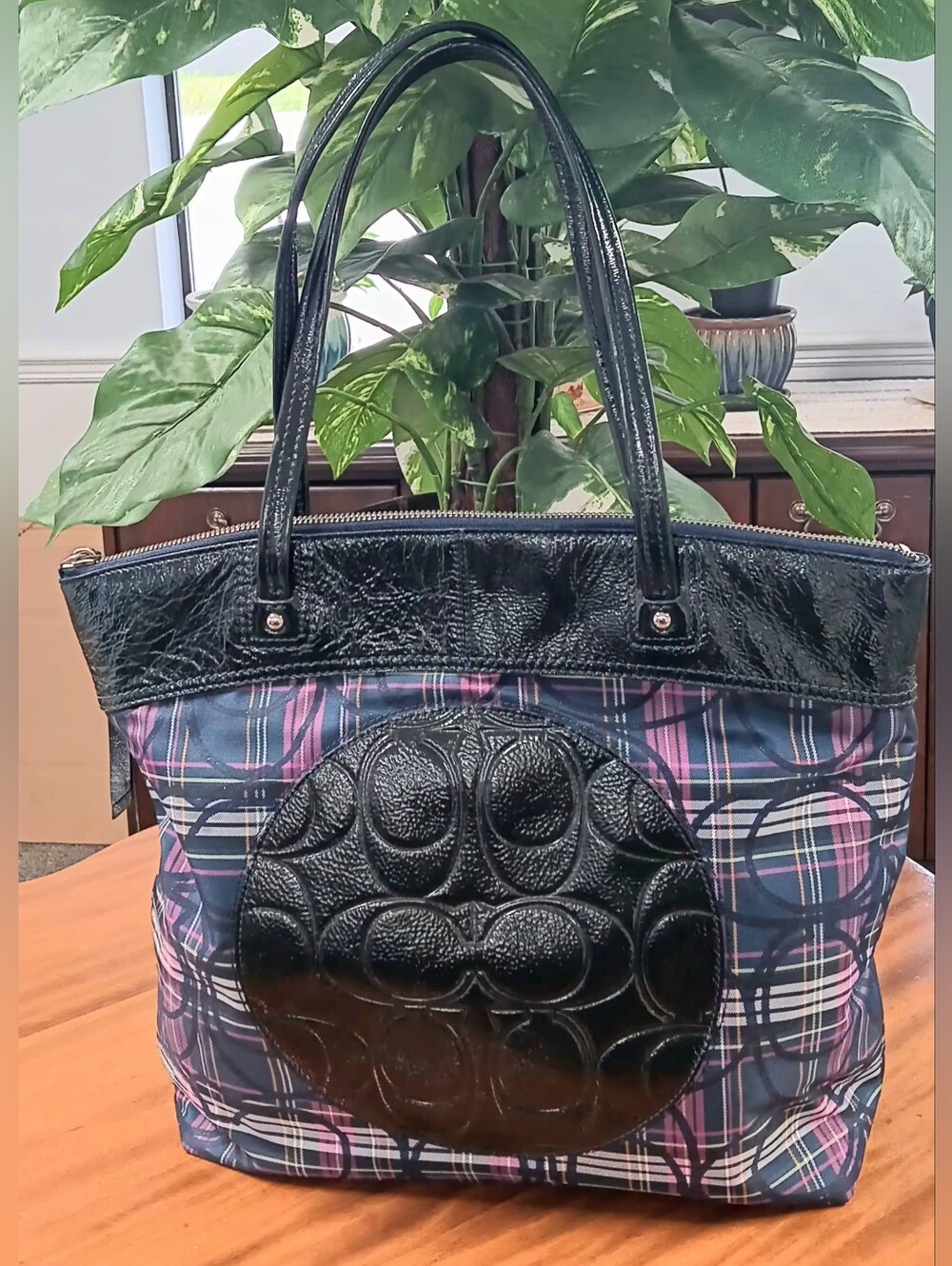 EUC Coach Tartan Navy and Purple Plaid Tote with Black Patent Trim